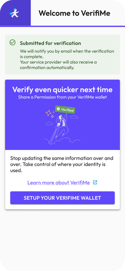 Post-verification confirmation screen — Verify even quicker next time, set up your VerifiMe wallet