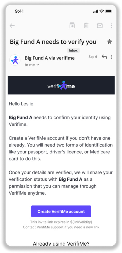 Email invite from a fund — generic VerifiMe branding raising suspicion