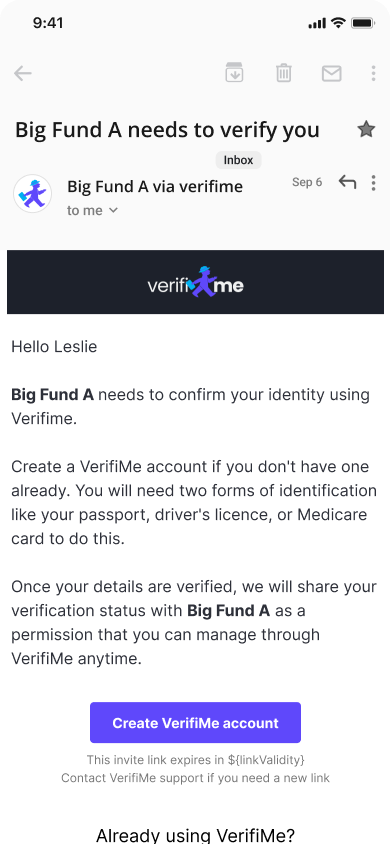 Email invite from a fund — generic VerifiMe branding raising suspicion