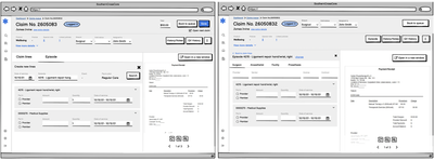 Round two prototypes — higher fidelity. Claim line entry and episode workflows, payment receipt panel visible alongside